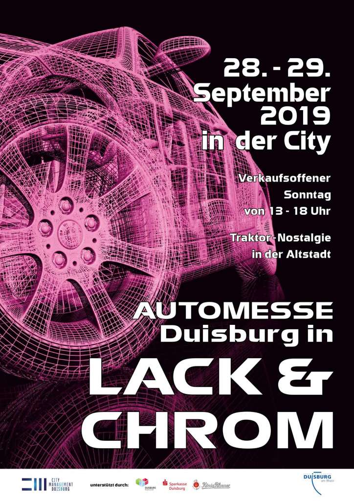 Plakat zur Automesse "Lack und Chrome" inklusive Verkaufsoffenen Sonntag in Duisburg